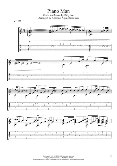 Piano Man Solo Guitar Tablature Sheet Music