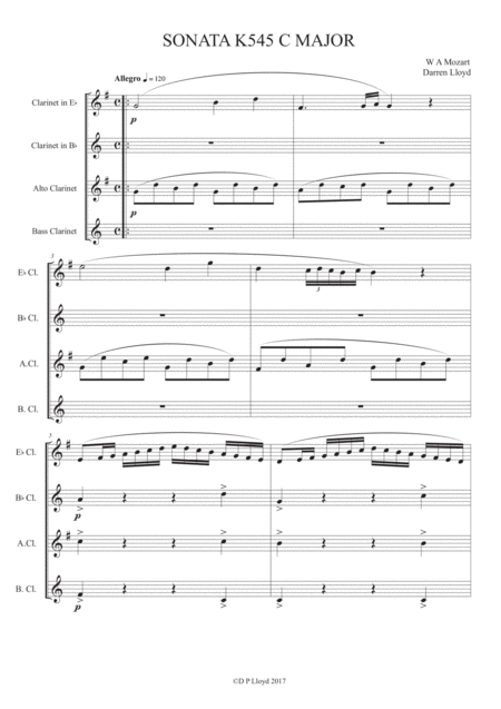 Piano Sonata K545 1st Movement For Clarinet Quartet Sheet Music