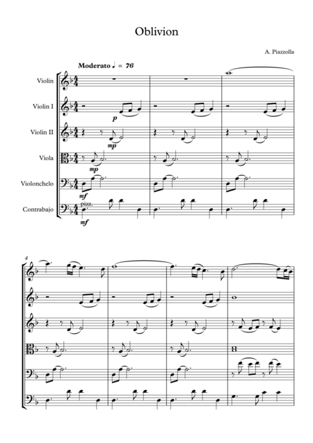 Piazzolla Oblivion For String Orchestra Violin Solo Sheet Music