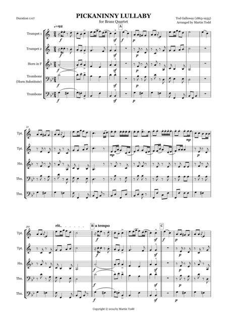 Pickaninny Lullaby For Brass Quartet Sheet Music