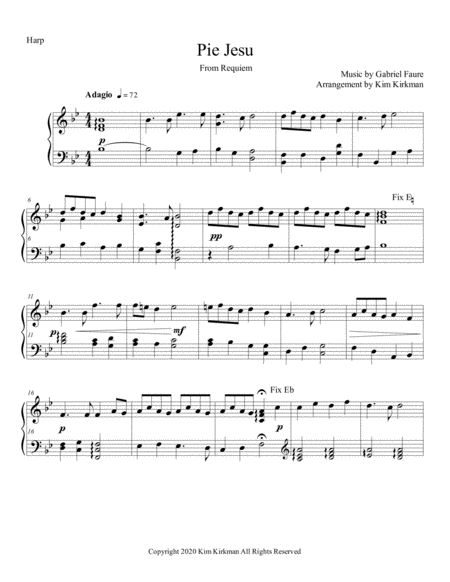 Pie Jesu From Requiem By Gabriel Faure Arranged For Solo Harp Sheet Music