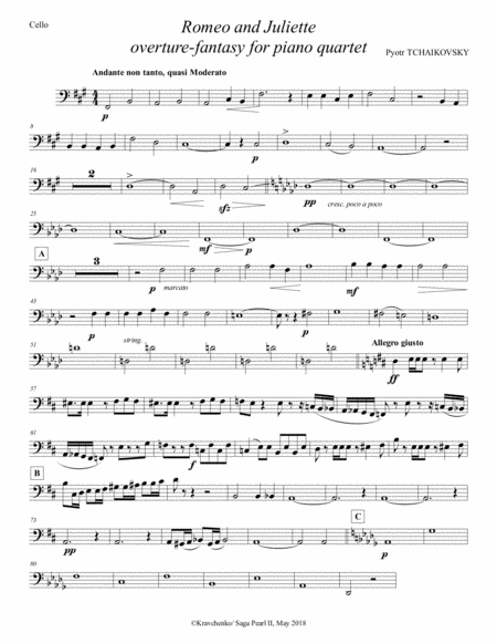 Free Sheet Music Piotr Tchaikovsky Romeo And Juliet Arr For Piano Quartet Cello Part