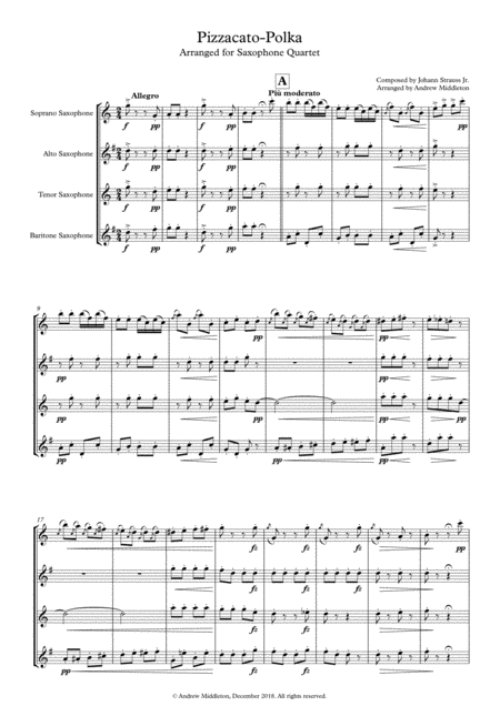 Free Sheet Music Pizzicato Polka Arranged For Saxophone Quartet