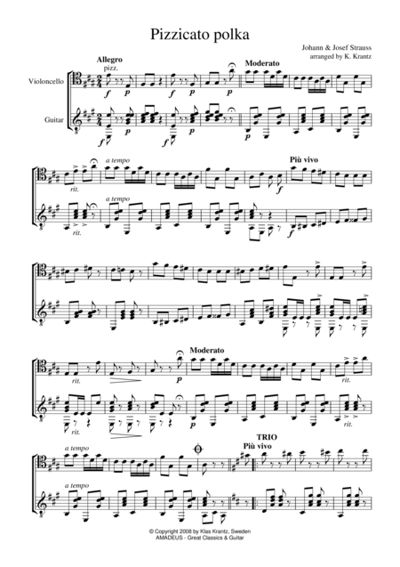 Pizzicato Polka For Cello And Guitar Sheet Music