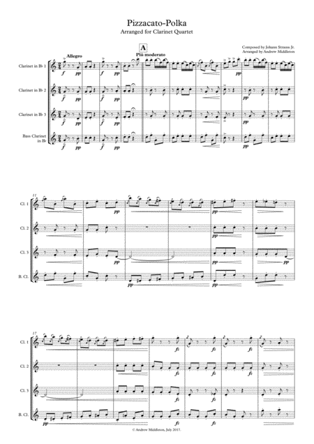 Free Sheet Music Pizzicato Polka For Clarinet Quartet