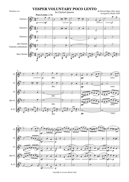 Free Sheet Music Poco Lento For Clarinet Quartet