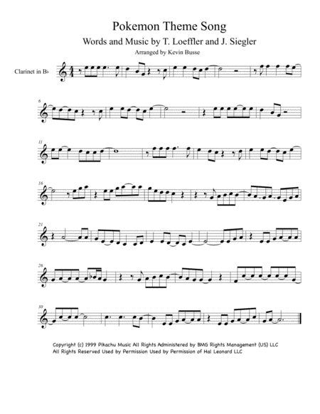 Free Sheet Music Pokemon Theme Song Bb Clarinet