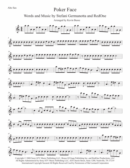 Poker Face Easy Key Of C Alto Sax Sheet Music