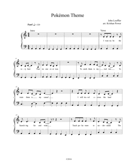 Free Sheet Music Pokmon Theme Song Easy Piano