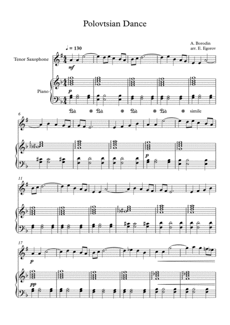 Free Sheet Music Polovtsian Dance Alexander Borodin For Tenor Saxophone Piano