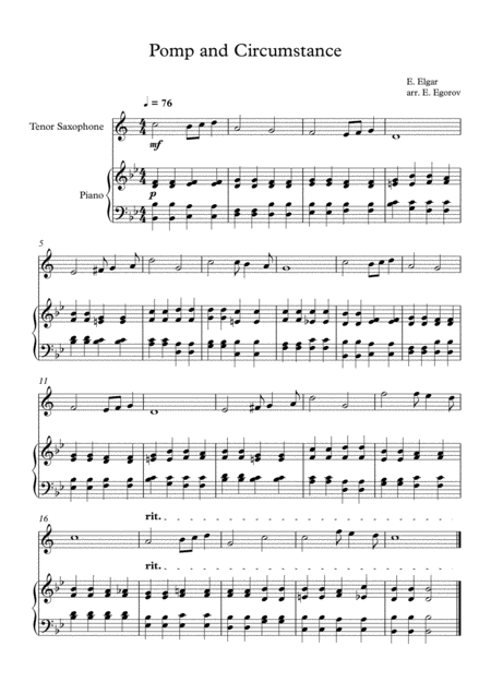 Free Sheet Music Pomp And Circumstance Edward Elgar For Tenor Saxophone Piano
