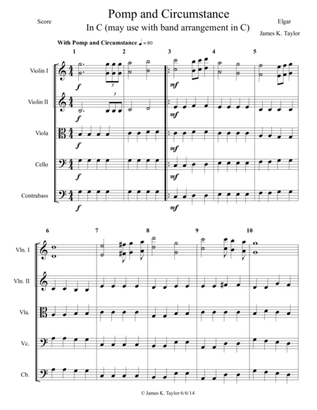 Pomp And Circumstance String Orchestra Parts Optional Use With Band Arrangement In C Sheet Music