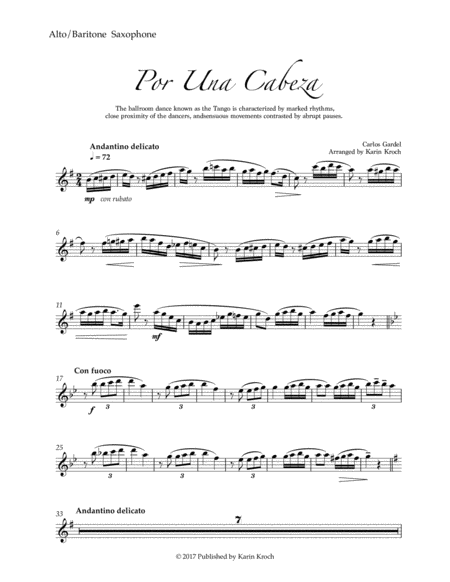 Free Sheet Music Por Una Cabeza Tango Alto Baritone Saxophone With Piano Accompaniment