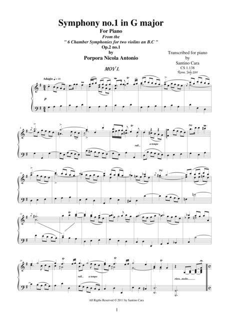 Free Sheet Music Porpora Na Simphony No1 In G Complete Piano Version