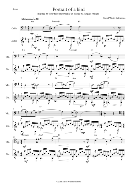 Free Sheet Music Portrait Of A Bird For Cello And Guitar