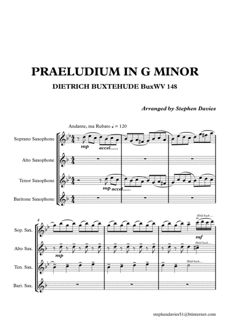 Praeludium Fugue In G Minor By Dietrich Buxtehude Buxwv148 For Saxophone Quartet Sheet Music