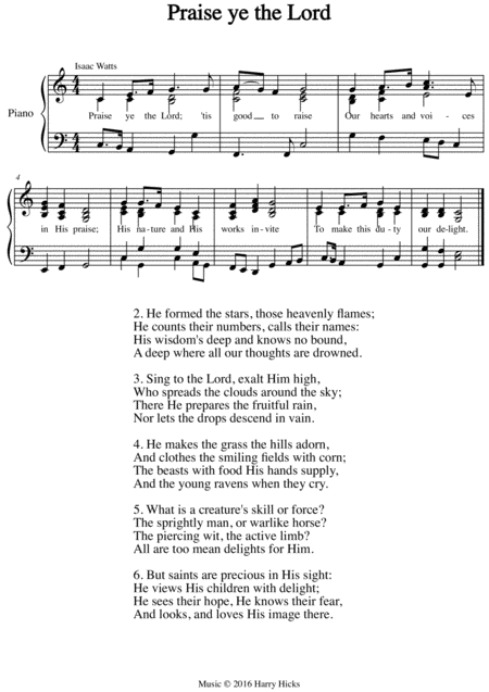 Praise Ye The Lord A New Tune O A Wonderful Isaac Watts Hymn Sheet Music