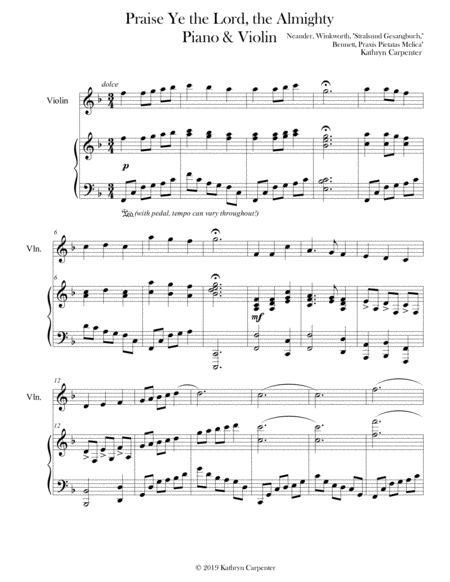 Praise Ye The Lord The Almighty Advanced Piano Violin Sheet Music