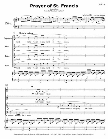 Free Sheet Music Prayer Of St Francis From The Thanksgiving Mass