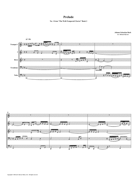 Prelude 01 From Well Tempered Clavier Book 2 Brass Quintet Sheet Music