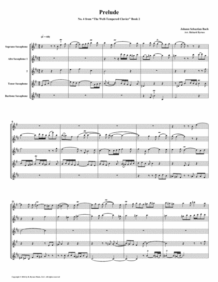 Free Sheet Music Prelude 04 From Well Tempered Clavier Book 2 Saxophone Quintet