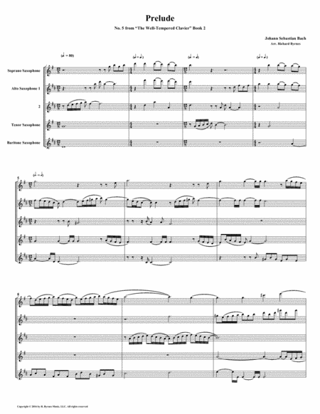 Free Sheet Music Prelude 05 From Well Tempered Clavier Book 2 Saxophone Quintet