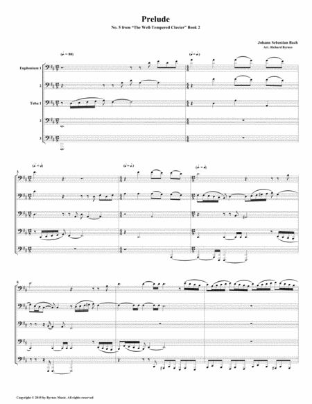 Prelude 05 From Well Tempered Clavier Book 2 Tuba Euphonium Quintet Sheet Music