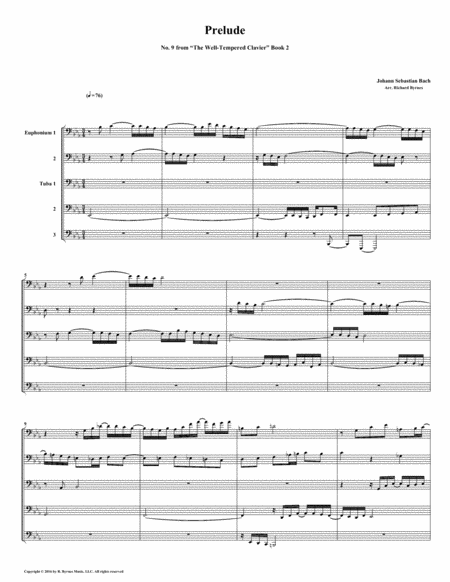 Prelude 09 From Well Tempered Clavier Book 2 Euphonium Tuba Quintet Sheet Music