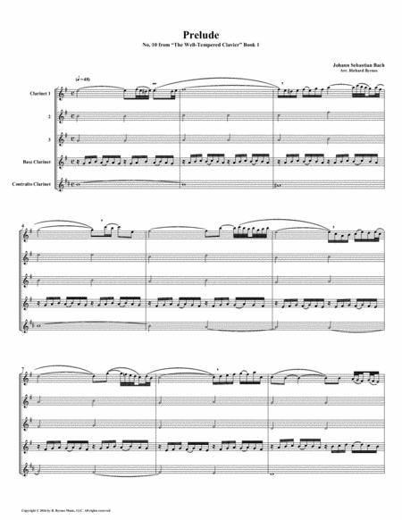 Prelude 10 From Well Tempered Clavier Book 1 Clarinet Quintet Sheet Music