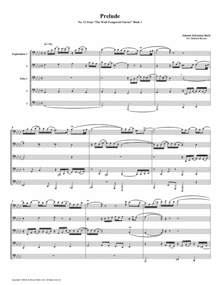 Free Sheet Music Prelude 12 From Well Tempered Clavier Book 1 Euphonium Tuba Quintet