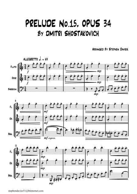 Prelude 15 Op 34 By Dmitri Shostakovich For Woodwind Trio Sheet Music