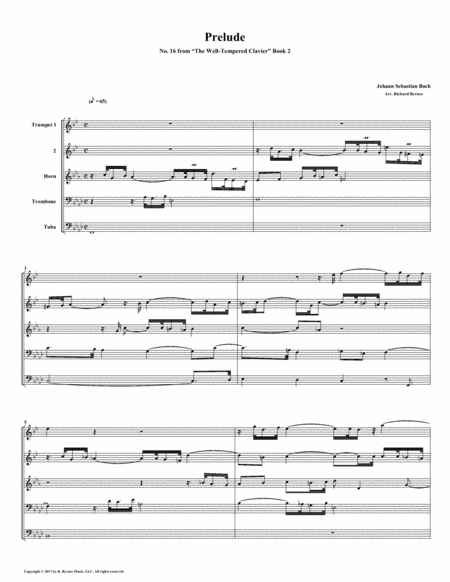 Prelude 16 From Well Tempered Clavier Book 2 Brass Quintet Sheet Music