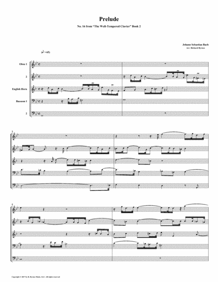 Prelude 16 From Well Tempered Clavier Book 2 Double Reed Quintet Sheet Music