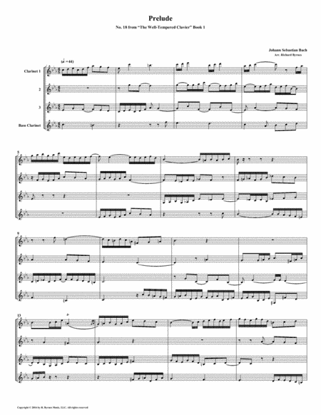 Free Sheet Music Prelude 18 From Well Tempered Clavier Book 1 Clarinet Quartet