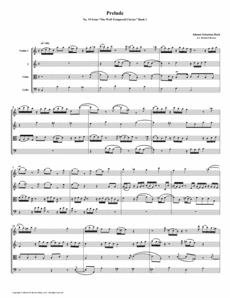 Prelude 19 From Well Tempered Clavier Book 1 String Quartet Sheet Music