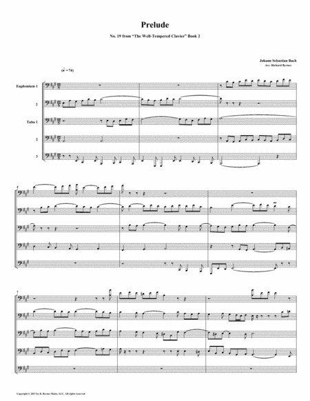 Free Sheet Music Prelude 19 From Well Tempered Clavier Book 2 Euphonium Tuba Quintet