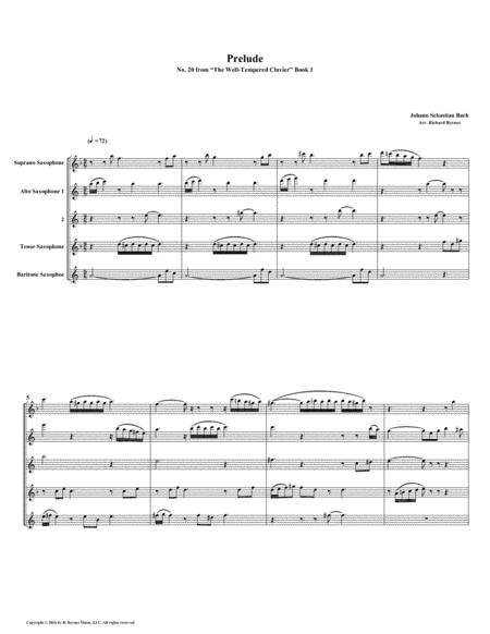 Prelude 20 From Well Tempered Clavier Book 1 Saxophone Quintet Sheet Music