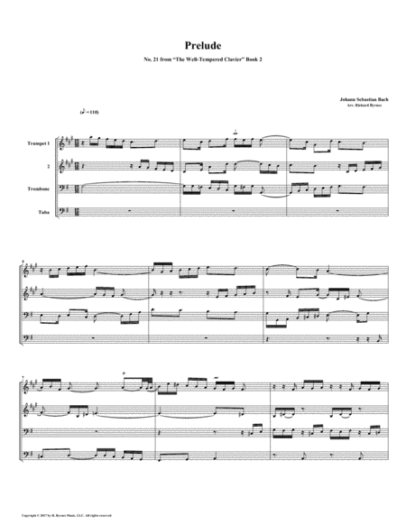 Prelude 21 From Well Tempered Clavier Book 2 Brass Quartet Sheet Music