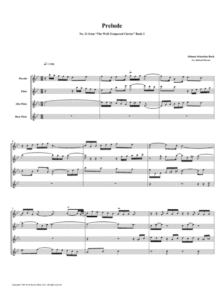 Free Sheet Music Prelude 21 From Well Tempered Clavier Book 2 Flute Quartet