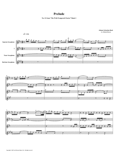 Free Sheet Music Prelude 21 From Well Tempered Clavier Book 2 Saxophone Quartet