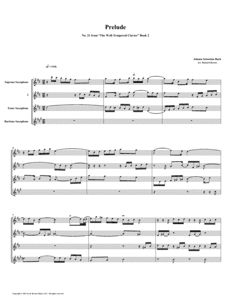 Prelude 21 From Well Tempered Clavier Book 2 Saxophone Quartet Sheet Music