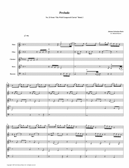 Free Sheet Music Prelude 23 From Well Tempered Clavier Book 2 Woodwind Quintet