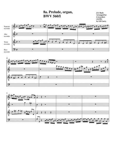 Prelude And Fugue Bwv 560 Arrangement For 4 Recorders Sheet Music