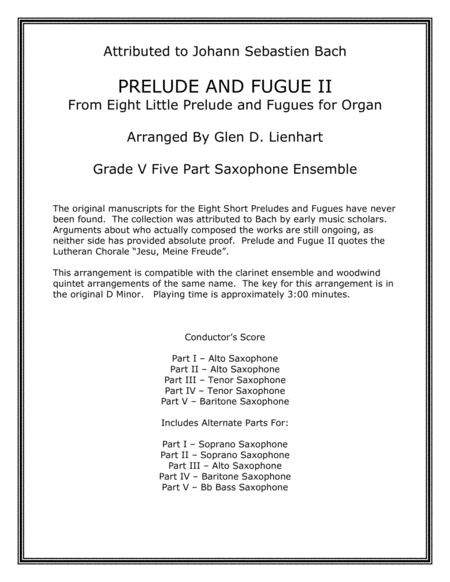 Prelude And Fugue Ii Saxophone Sheet Music