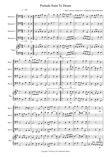 Prelude From Te Deum For Bassoon Quartet Sheet Music