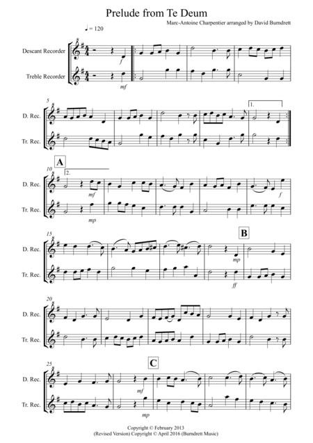 Prelude From Te Deum For Descant And Treble Recorder Sheet Music