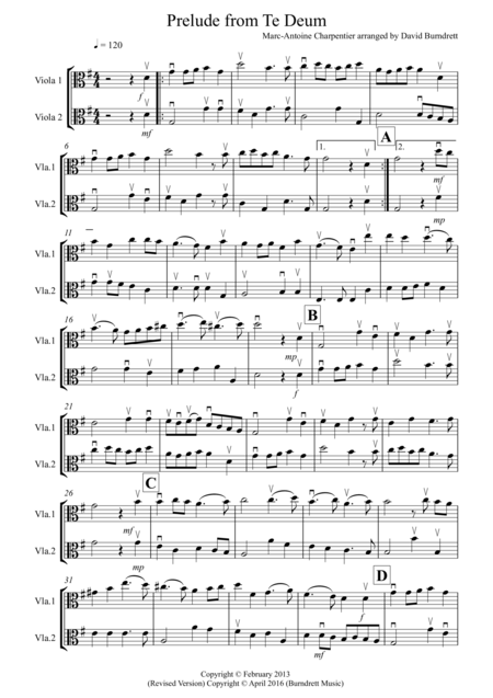 Free Sheet Music Prelude From Te Deum For Viola Duet