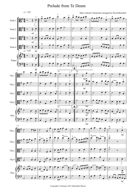 Prelude From Te Deum For Viola Quartet Sheet Music