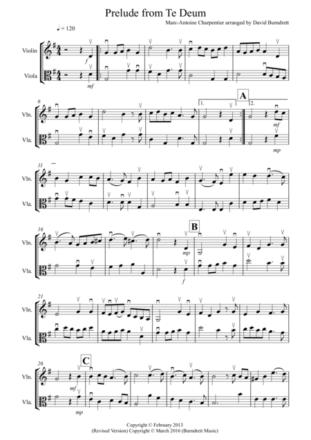 Free Sheet Music Prelude From Te Deum For Violin And Viola