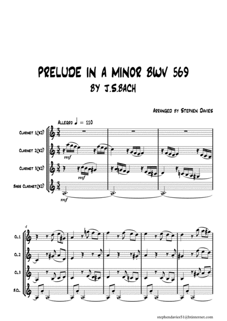 Free Sheet Music Prelude In A Minor Bwv569 By Js Bach For Clarinet Quartet
